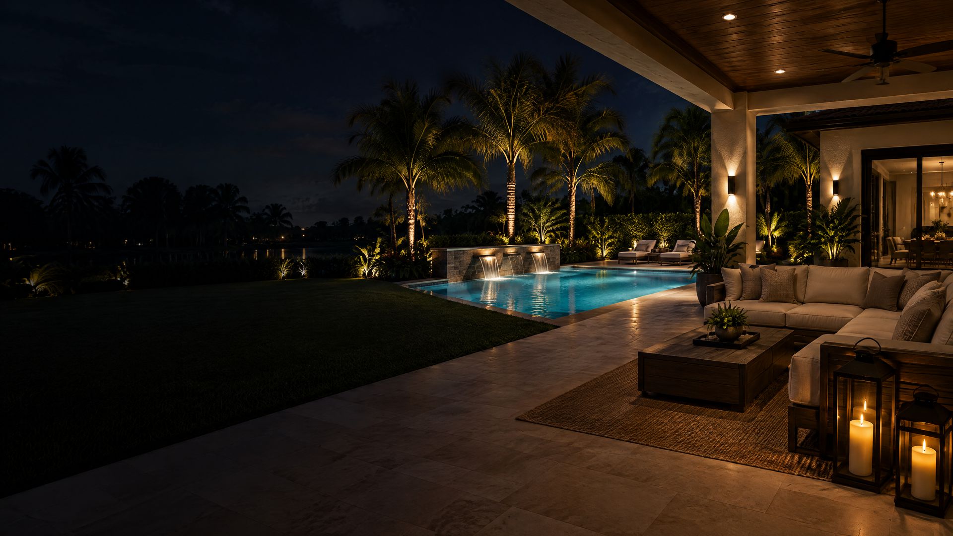 Covered patio with outdoor seating beside a lit pool and palm trees at night