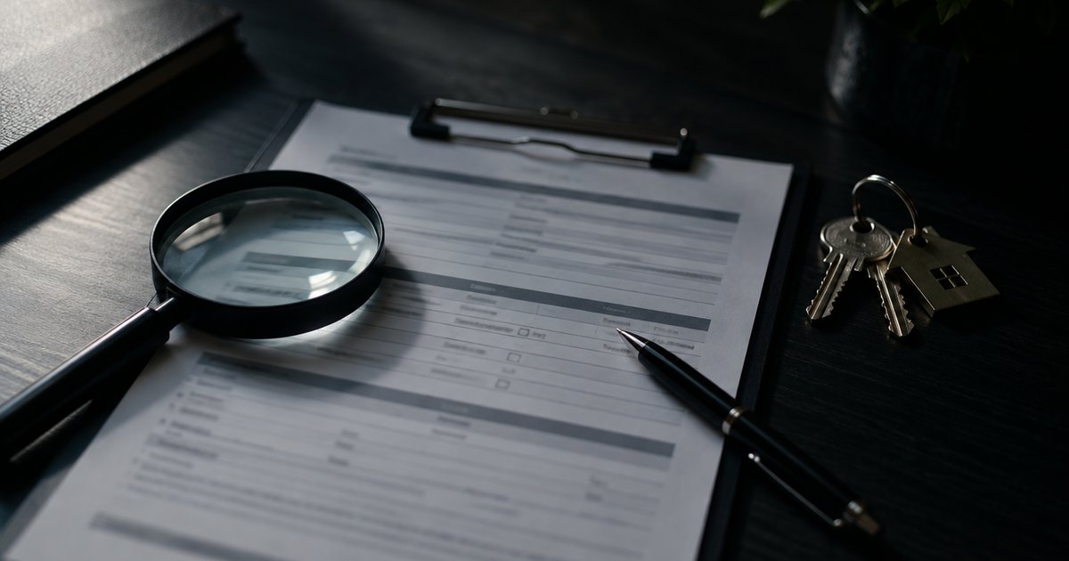 Rental application on a clipboard with a magnifying glass, pen and house keys