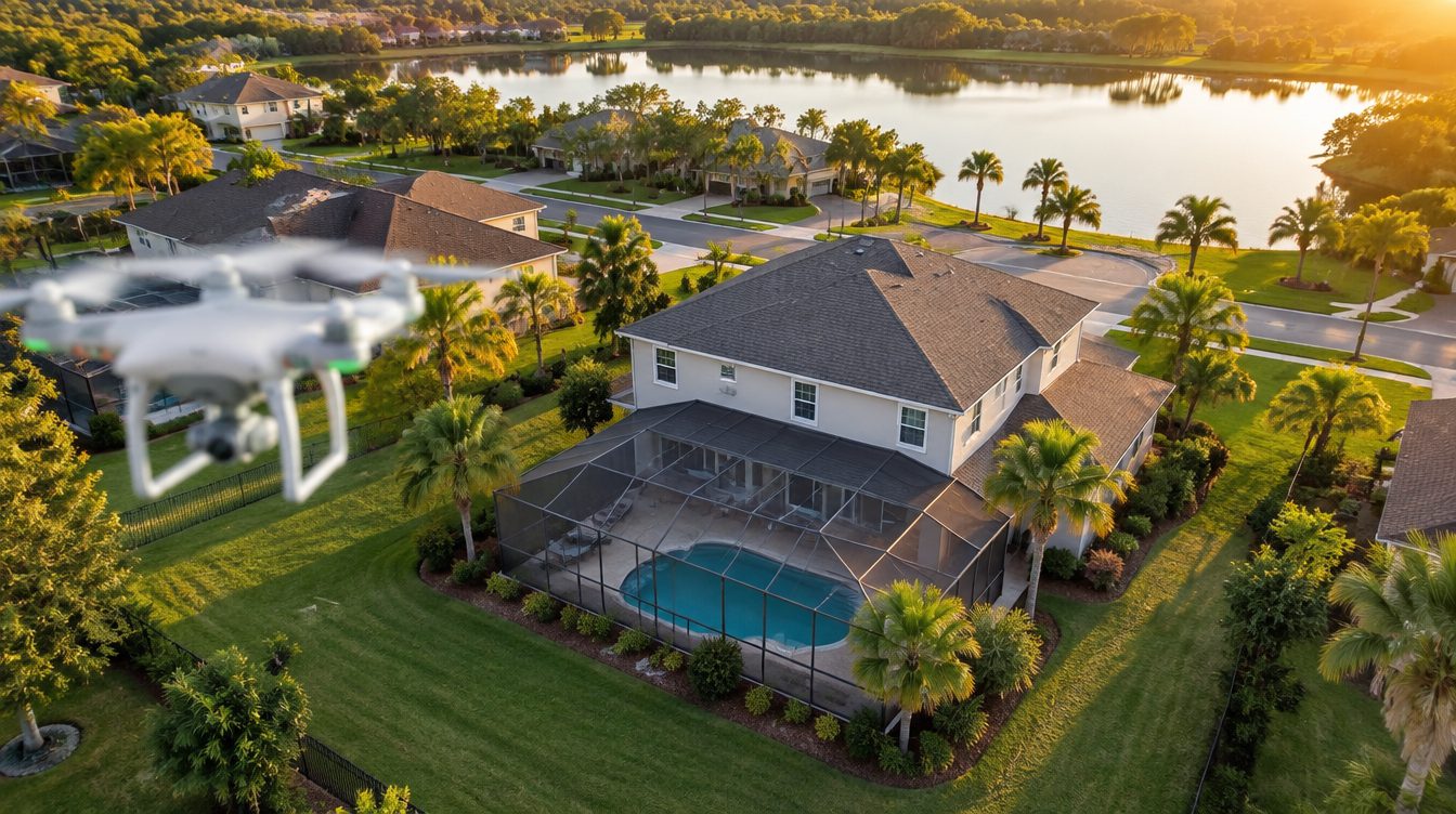 Drone filming an aerial view of a two-story Florida home with a screened pool near a lake