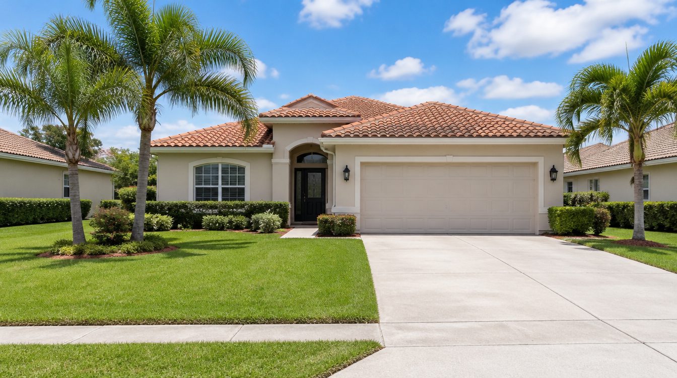 Single-story Central Florida home with a tile roof, two-car garage, lawn and palm trees